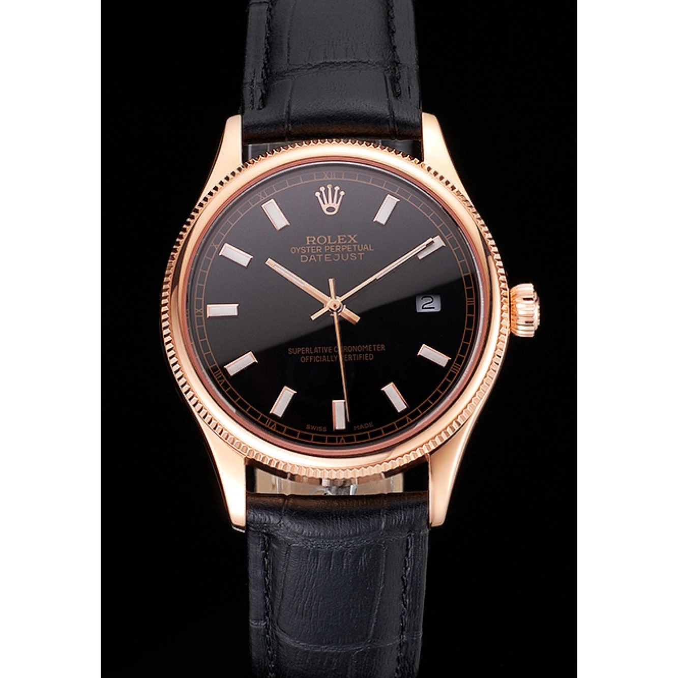 AAA replica watch Black Datejust Case Rose Black Swiss Leather Rolex Gold Dial Strap 0603